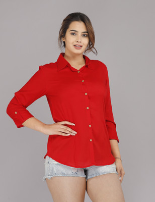 Demirner Women Solid Casual Red Shirt