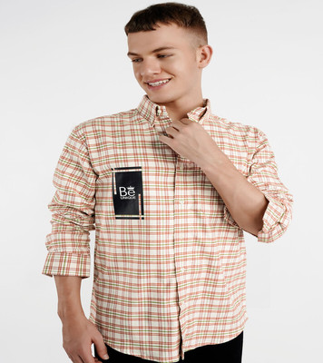 french crown Men Checkered Casual Orange, Dark Green, White Shirt