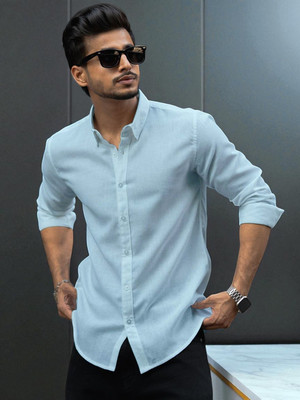 Yanthhi Men Solid Casual Light Blue Shirt