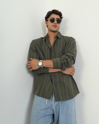 Chimpaaanzee Men Striped Casual Green Shirt