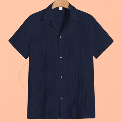 A DEEMOON Men Self Design Formal Blue Shirt
