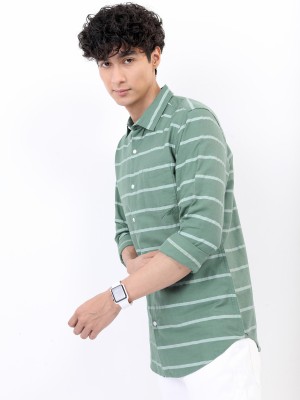 HIGHLANDER Men Striped Casual Green Shirt