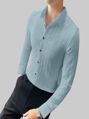 KHANJAN FASHION Men Self Design, Checkered Casual Light Blue Shirt