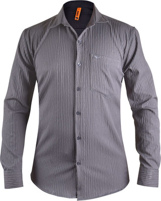 UnM Men Striped Casual Grey Shirt