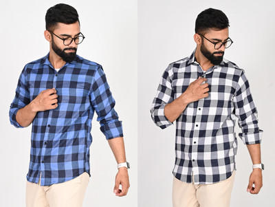 Tanip Men Checkered Casual Blue, Dark Blue, White Shirt(Pack of 2)