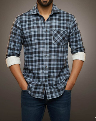 Fashion Men Checkered Formal Dark Blue Shirt