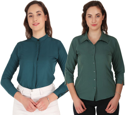 Miranga Women Solid Casual Dark Blue, Dark Green Shirt(Pack of 2)