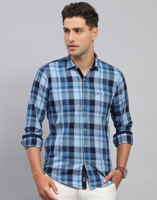 MONTE CARLO Men Checkered Casual Light Blue Shirt