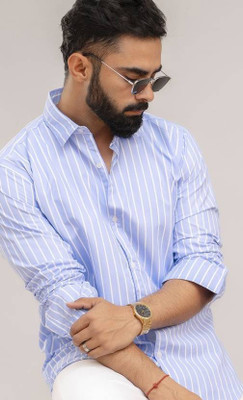 U TURN Men Striped Casual White, Light Blue Shirt