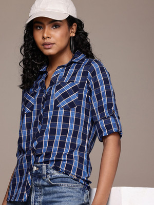 Roadster Women Checkered Casual Dark Blue Shirt