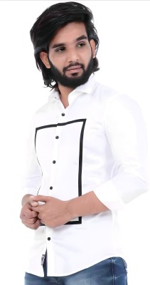 Richman Men Solid, Color Block, Self Design Casual Black, White Shirt