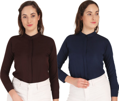 HEAVENS CREATIONS Women Solid Casual Dark Blue, Brown Shirt(Pack of 2)