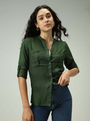 OUTZIDR Women Solid Casual Green Shirt