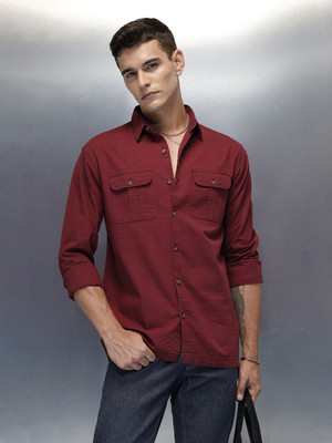 WROGN Men Solid Casual Maroon Shirt