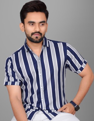 Voroxy Men Striped Casual Dark Blue Shirt