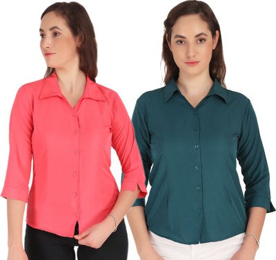 SHANAYA MODA Women Solid Formal Green, Orange Shirt(Pack of 2)