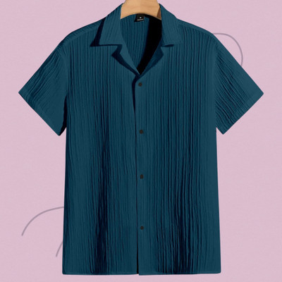 Looksky Men Self Design Casual Blue Shirt