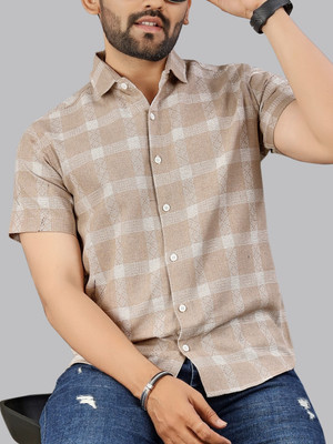 MILDIN Men Self Design Casual Cream Shirt