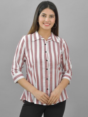 QuaClo Women Striped Casual Maroon Shirt