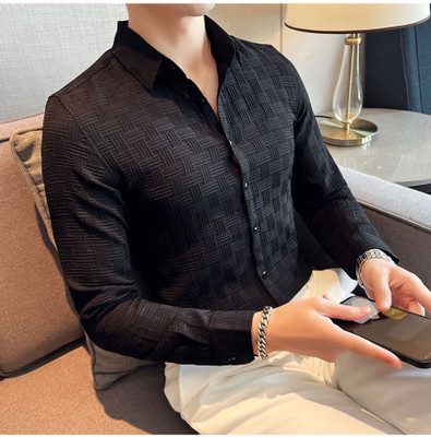 Pribha Fashion Men Self Design Casual Black Shirt