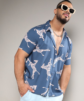 Instafab Plus Men Printed Casual Blue, White Shirt