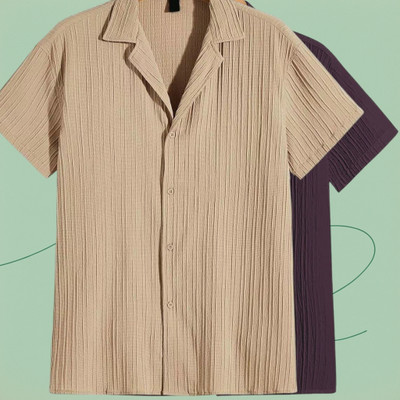 Looksky Men Self Design Casual Purple, Beige Shirt(Pack of 2)