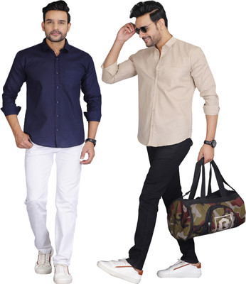 Wristy Men Solid Casual Dark Blue, Cream Shirt(Pack of 2)