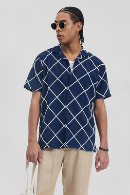 Snitch Men Printed Casual Dark Blue Shirt