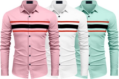 FINIVO FASHION Men Striped Casual Pink, White, Light Blue Shirt(Pack of 3)