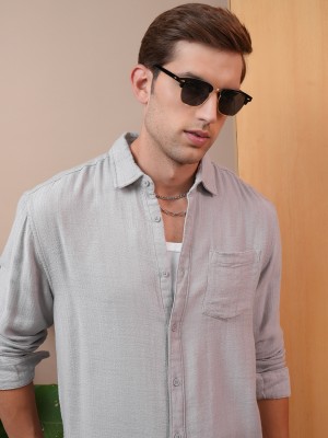 LOCOMOTIVE Men Self Design Casual Grey Shirt