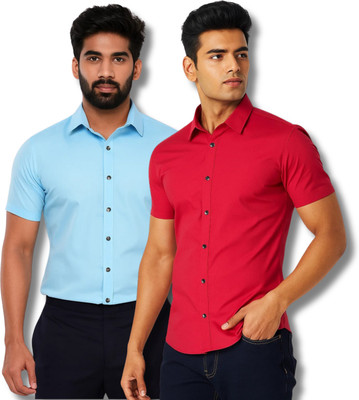 RAREMARK Men Solid Formal Blue, Red Shirt(Pack of 2)