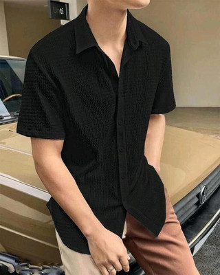MUMIN Men Self Design Casual Black Shirt