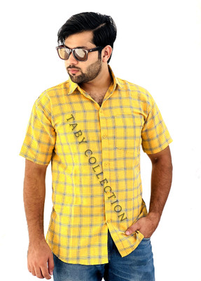 TABY COLLECTION Men Checkered Casual Dark Blue, Yellow Shirt
