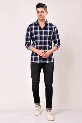 Stylox Men Checkered Casual Dark Blue Shirt