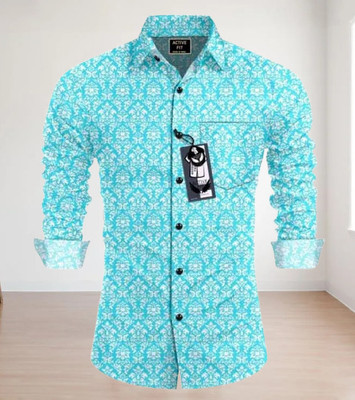 ALITEWEAR Men Floral Print Casual Light Blue Shirt