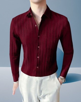 SATADHAR ENTERPRISE Men Solid, Striped Formal Maroon Shirt