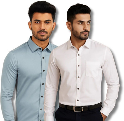 ClothTheory Men Solid Casual Grey, White Shirt(Pack of 2)