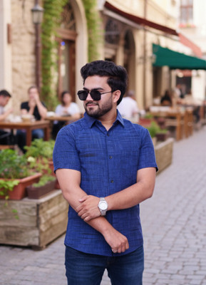 STICHVILLA Men Self Design Casual Dark Blue Shirt