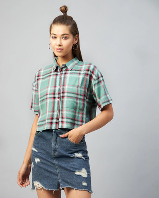 Chimpaaanzee Women Checkered Casual Green Shirt