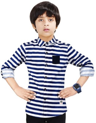 MADE IN THE SHADE Boys Striped Casual White, Blue Shirt