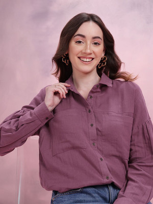 Dressberry Women Solid Casual Purple Shirt
