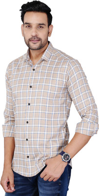 FAVNIC Men Checkered Casual White, Cream Shirt