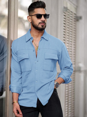 EyeBogler Men Checkered Casual Light Blue Shirt