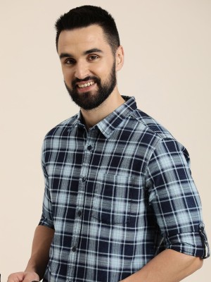 HERE&NOW Men Checkered Casual Blue Shirt