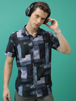 HIGHLANDER Men Printed Casual White, Dark Blue Shirt