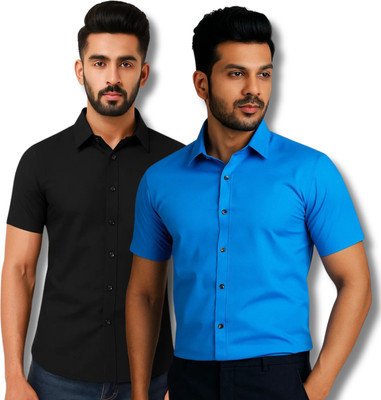 RAREMARK Men Solid Formal Black, Blue Shirt(Pack of 2)