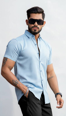Solbiza Men Self Design Casual Light Blue Shirt