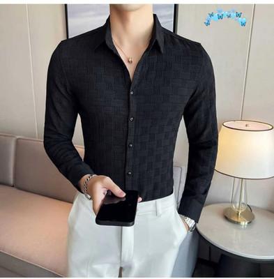 Rajaranchod creation Men Self Design Casual Black Shirt