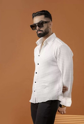 DEEMOON Men Self Design Casual White Shirt