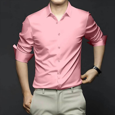 Voroxy Men Solid Casual Pink Shirt